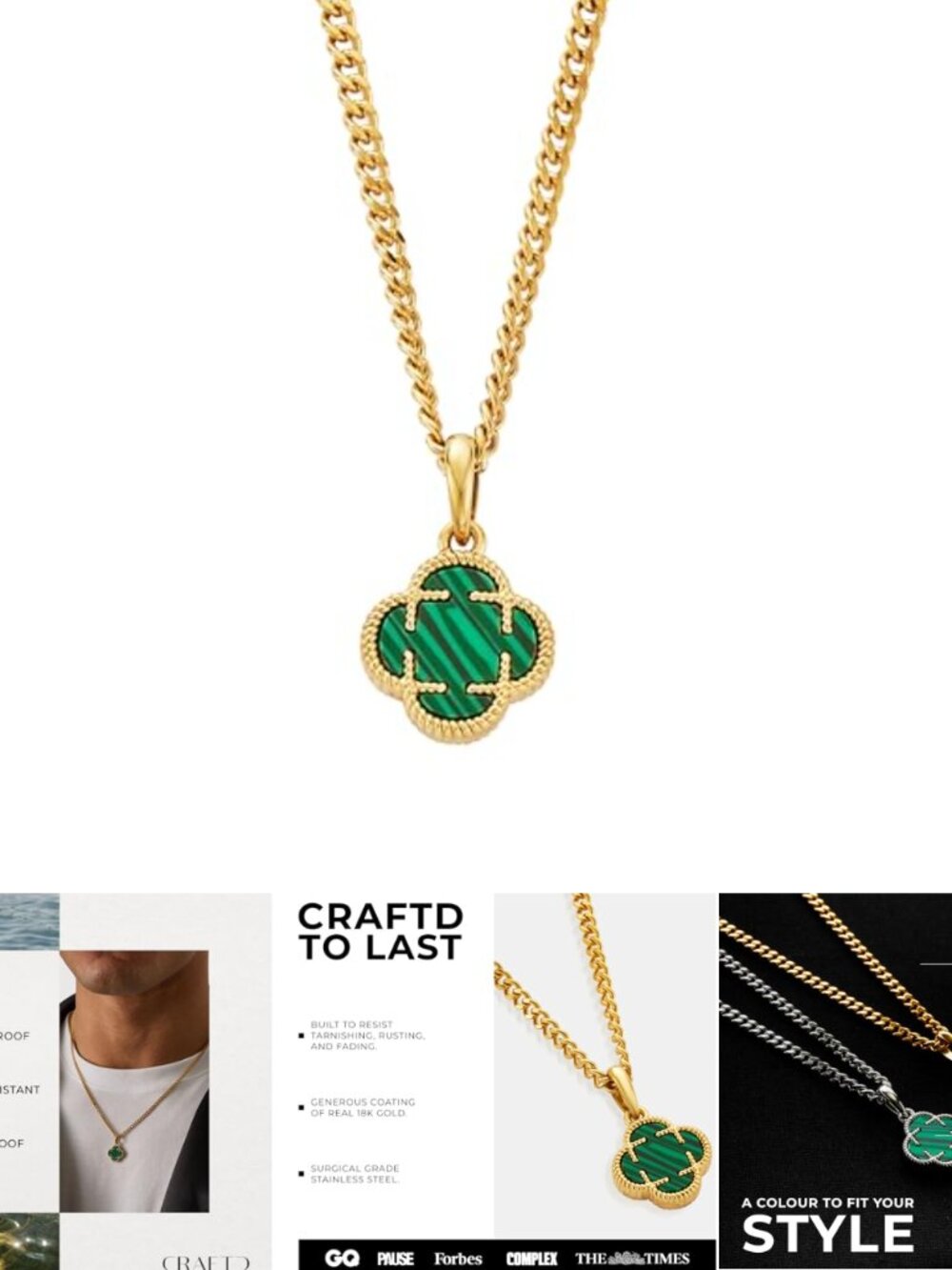 18K Gold Plated Stainless Steel Malachite Clover Pendant Necklace Cuban Link